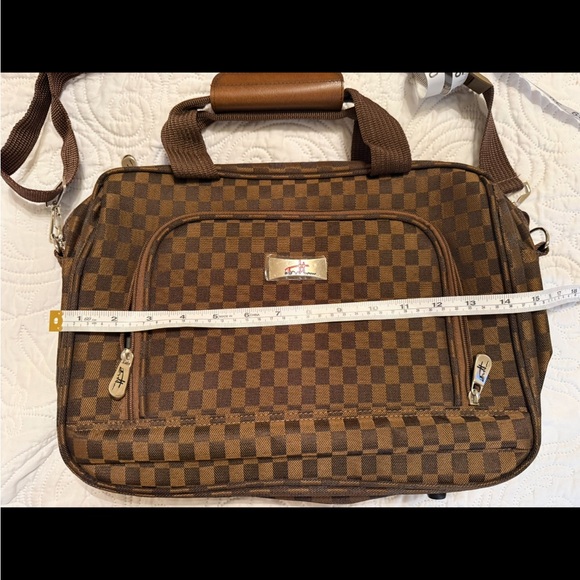 Brown Checkered Structured Travel Bag | Laptop Briefcase | Carry-On - Picture 7 of 8